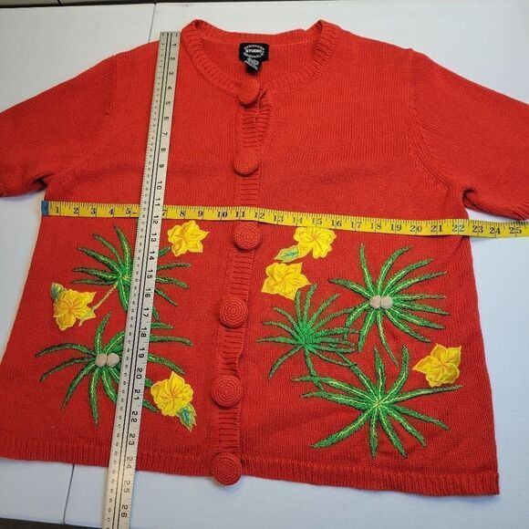 Designers Studio Red Short Sleeve Cardigan Tropical Flamingo Coastal Grandma - Picture 7 of 10